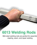 Hand holding 6013 welding rods, ideal for assembly, stapling, seam, and repair welding.