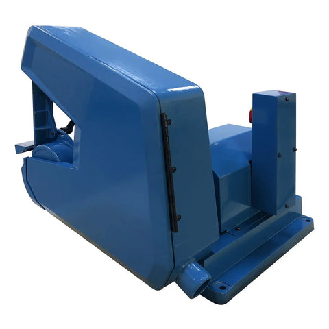 Tough As Nails 2X60 Three Wheel Belt Grinder Cranking Out 8000 FPM with a blue cast aluminum frame for metal finishing.