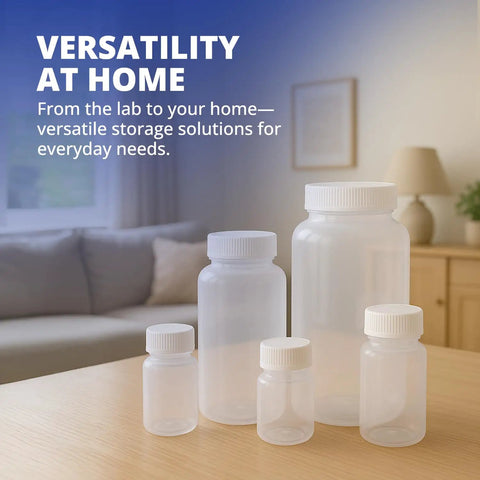 Go To Lab Sample Bottles With Lids Polypropylene 60ml 12 Pack on a table in a home setting with various sizes visible.