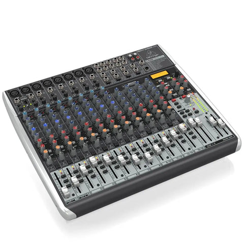 Premium Ultra Low Noise Twenty Two Input Two Bus Mixer With Boutique Xenyx Mic Preamps Eight One Knob Compressors Klark Teknik Multi FX Processor USB Audio Interface Wireless Option For Pro Studio Recording And Mixing showing top view with control knobs and faders.