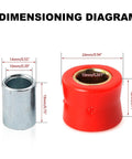 Dimensioning diagram showing Built Tough Four Piece Rear Shock Absorbing Suspension Bushings Kit 10mm Rubber Vibration Dampeners in fiery red.