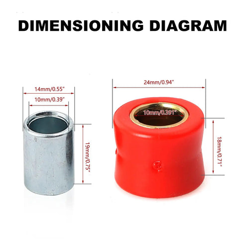 Dimensioning diagram showing Built Tough Four Piece Rear Shock Absorbing Suspension Bushings Kit 10mm Rubber Vibration Dampeners in fiery red.