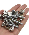 Heavy Duty Furniture Cam Lock Connectors With Flat Back Dowel Pins Knock Down Hardware Kit For Drawers Cabinets And Dressers Built Badass For Any Room Rock Solid Grip In 11 Sets in a hand.