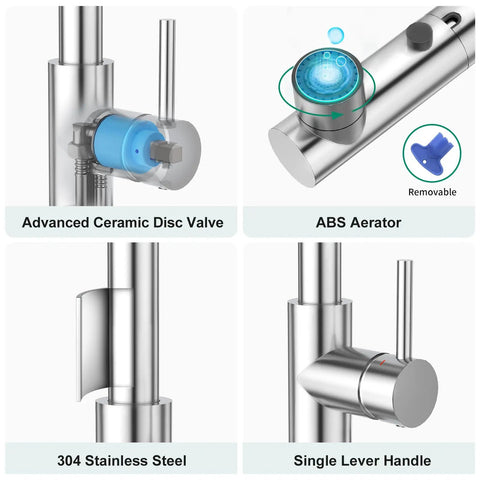 Single Handle Kitchen Faucet With Pull Out Sprayer And Deck Plate, Chrome Finish showcasing ABS aerator and ceramic valve details.
