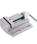 Solid 2.75 Inch Heavy Duty Drill Press Vise Crafted From Durable Aluminum Alloy With Hardened Steel Jaws For Woodworking And Metalworking Projects, Perfect For Benchtop Mount And Milling Machine Compatibility mounted on a flat surface.