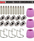 Top Tier Plasma Cutter Consumable Replacement Kit For WSD60 G55 And 60A AG-60 Torch with 26-piece metal and ceramic nozzle set.
