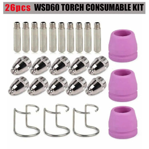 Top Tier Plasma Cutter Consumable Replacement Kit For WSD60 G55 And 60A AG-60 Torch with 26-piece metal and ceramic nozzle set.