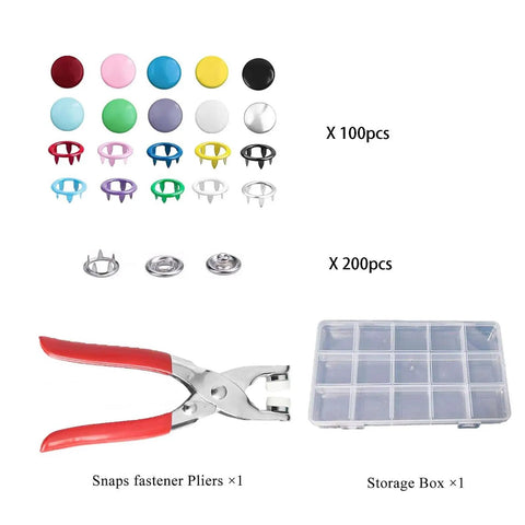 Must Have 200 Set Metal Snap Button Kit With 9.5mm Snaps And Fastener Pliers Press Tool, 800 Pieces, Mixed Colors, storage box