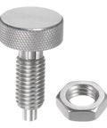 Rock Solid Stainless Steel Spring Plunger With Knurled Grip Handle M12X1.75 Thread And 6mm Pin, close-up with nut.