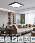 12 Inch Square LED Ceiling Light 24W 5000K Daylight White, sleek flush mount black fixture in modern living room, 3200 Lumens