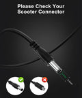 Universal 42V 2A Electric Scooter Charger connector check with 2.5mm x 5.5mm size illustrated, highlighting compatibility.
