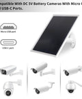 6W Solar Panel Charger with Micro USB and USB-C ports for outdoor cameras, shown with compatible adjustable security mount and cameras
