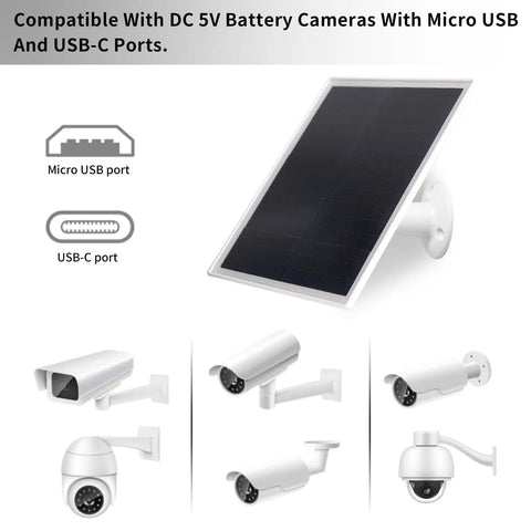 6W Solar Panel Charger with Micro USB and USB-C ports for outdoor cameras, shown with compatible adjustable security mount and cameras