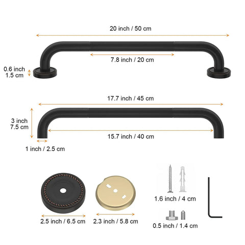 Two Pack 20 Inch Anti Slip Shower Grab Bar In Oil Rubbed Black Bronze And Antique Brass Finish, dimensions and components shown