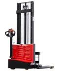 Heavy Duty Full Electric Pallet Stacker With 2640 Lbs Capacity And 118 Inch Lift Height Featuring Straddle Base Adjustable Forks, front view.