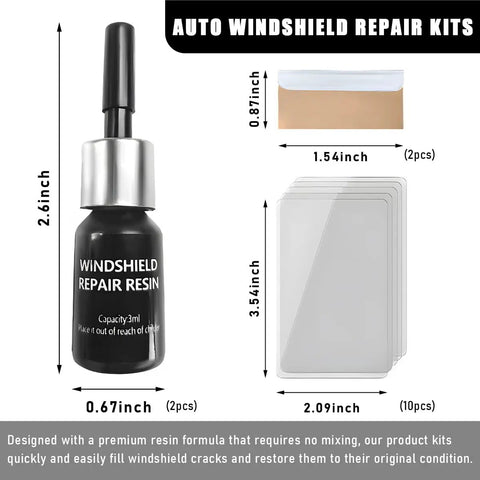 Windshield Repair Kit for Chips Scratches and Star Cracks Quick Resin Liquid Filler for DIY Auto Glass Car Window Glass Fix Easy Fast Pro Grade Glass Repair Solution with resin bottle, cuff razors, and curing films