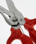 Heavy Duty 6.3 Inch Utility Scissors With 4 in 1 Blade System For Carpet Leather Copper Wire Insulated Cable Cords Rope And More Made In Japan Ideal For Workshop Pros And DIY Enthusiasts, red handles, close-up view of blades