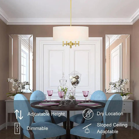 Dining room with 4 Light Gold Modern Drum Chandelier With White Linen Shade 17.7 Inch Pendant Light Fixture For Dining Room Living Room Foyer Kitchen Antique Brass Finish A True Statement Piece