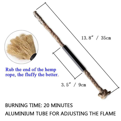 Rugged Fire Starter Survival Kit With Large Ferro Rod And Striker, 13.8 Inch Hemp Wick Cord detail and burn time description
