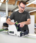 Badass Scorer Plunge Saw delivering smooth tear free cuts on veneer and laminated sheets, used by a professional carpenter.