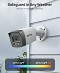 5MP All In One Security Camera System With Two Way Audio mounted outdoors, weatherproof, shown in rain with temperature range chart