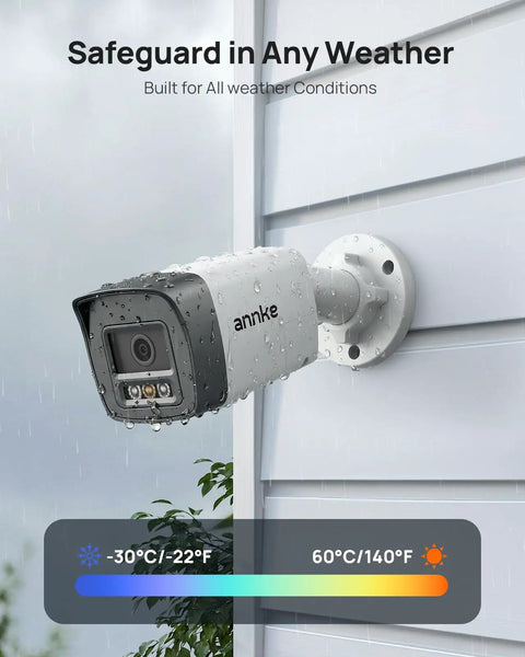 5MP All In One Security Camera System With Two Way Audio mounted outdoors, weatherproof, shown in rain with temperature range chart