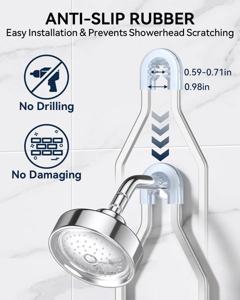 Rustproof Aluminum Shower Caddy Hanging Organizer with anti-slip rubber grip for no-drill installation under showerhead.