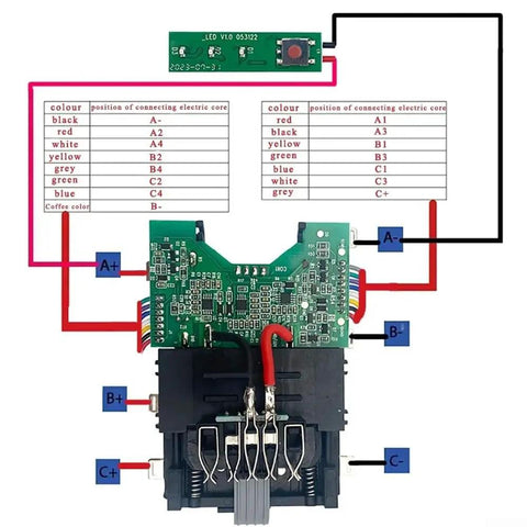Real Deal 15 Cell 21700 Lithium Battery Case Storage Box With Smart Protection Board For 20V And 60V Power Tool connection diagram showing PCB layout and wiring.