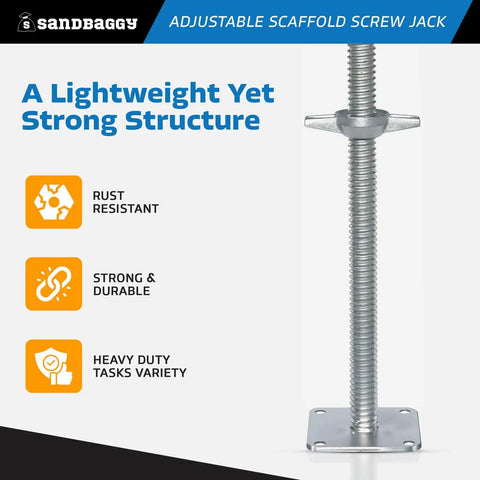 Smooth Turning Adjustable Scaffold Screw Jack And Galvanized Leveling Support With 30K Rating And 12 Inch Travel, showing rust-resistant galvanized structure.