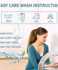 Woman following wash instructions for 4 In 1 Soundproof Blackout Curtain Set With Melt Blown Layer For Thermal Insulation And Anti Dust.