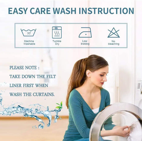 Woman following wash instructions for 4 In 1 Soundproof Blackout Curtain Set With Melt Blown Layer For Thermal Insulation And Anti Dust.