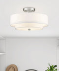 Brushed Nickel Flush Mount Ceiling Light With Off White Fabric Hardback Shade, Transitional Style Fixture for decor.