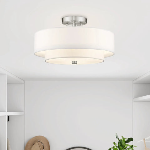Brushed Nickel Flush Mount Ceiling Light With Off White Fabric Hardback Shade, Transitional Style Fixture for decor.