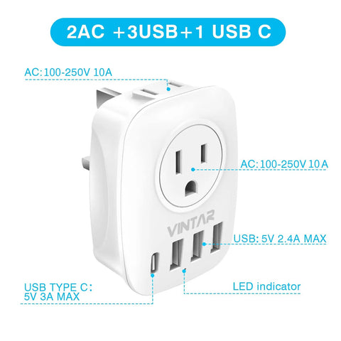2 Pack US To UK Ireland Travel Plug Adapter Type G With 2 Outlets 3 USB Ports And 1 USB C 6 In 1 International Power Adapter