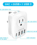 Six In One UK Travel Plug Adapter For US To UK Use with two outlets, three USB ports, and one USB-C port, shown vertically.