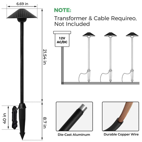 Diagram of Low Voltage Outdoor LED Path Lights 12V 4W 2700K with measurements and material details.