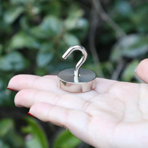 Neosmuk magnetic hook, silver, curved hook, held in hand (close-up)