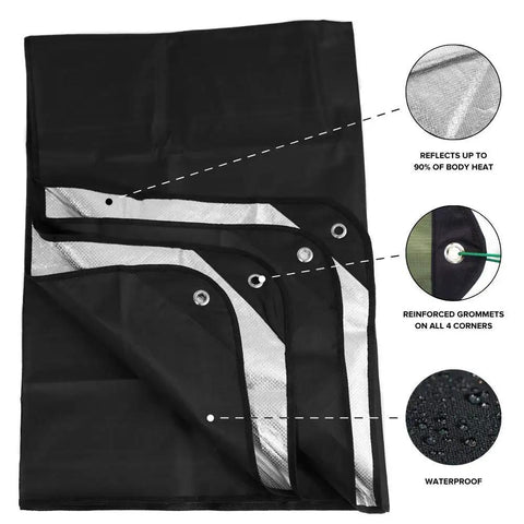 Rock Solid Insulated Tarp And Thermal Survival Blanket showing reinforced grommets, waterproof material, and heat reflective design.