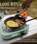 Cooking bacon and eggs on Cascade 18 1-Burner Camping Stove With 8000 BTU Output And Matchless Lighting, outdoors on table.