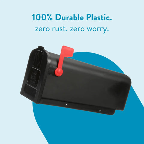 Rust-Proof Plastic Post Mounted Mailbox For Outdoor Use In Black, Medium Curbside Style, USPS Approved, side view