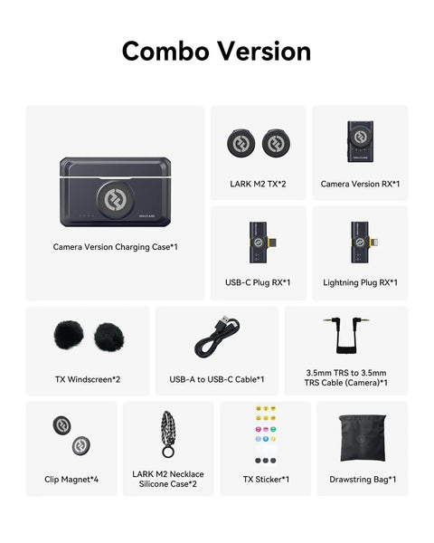 Lark M2 Wireless Lavalier Microphone set with accessories for iPhone, Android, Camera and PC, 48kHz 24-Bit audio, 300m range.