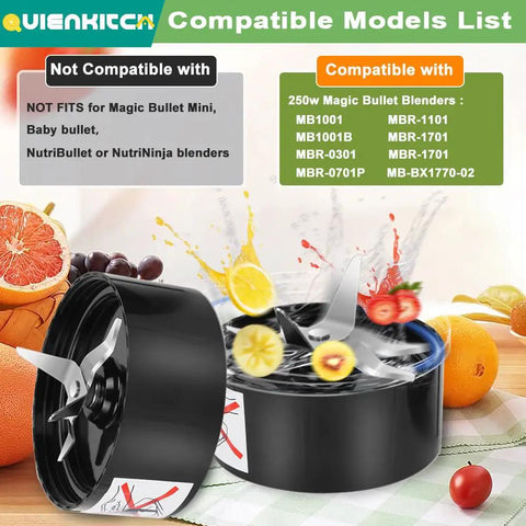 Beefy Replacement Blender Blades Two Pack For Magic Bullet 250W, stainless steel blades shown with compatible models list