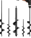 Garden Auger Drill Bit Set 4 Piece Heavy Duty Ground Earth Spiral Bulb Planter for post hole digger, shown with 3/8 inch hex drive drill.