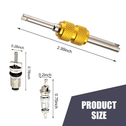 16 Piece Car AC Valve Core Kit With Caps And Removal Tool For R134a R12 Systems, showing tool and valve core dimensions