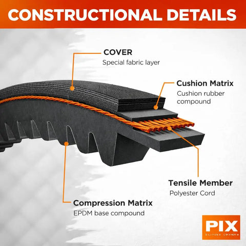 Cross-section of Cogged 3VX630 VBelt EPDM Cushioned Flexible Built Tough Three Eighths By Sixty Three Inches showing construction materials