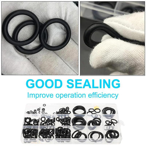 225-piece black nitrile O-ring kit with 18 sizes (3–22 mm) in a clear plastic organizer box