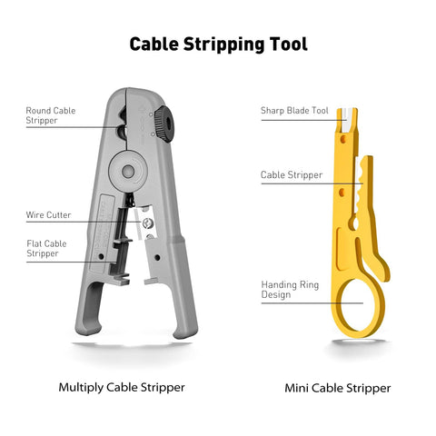 Multiply and mini cable strippers from All In One Ethernet Crimping Tool Kit With Pass Through RJ45 Crimper Cable Tester Wire Cutters Pliers Network Cable Stripper Mini Stripper And 50 Cat6 Pass Through Connectors With Strain Relief Boots For Cat7 Cat6 Cat5 Networks.