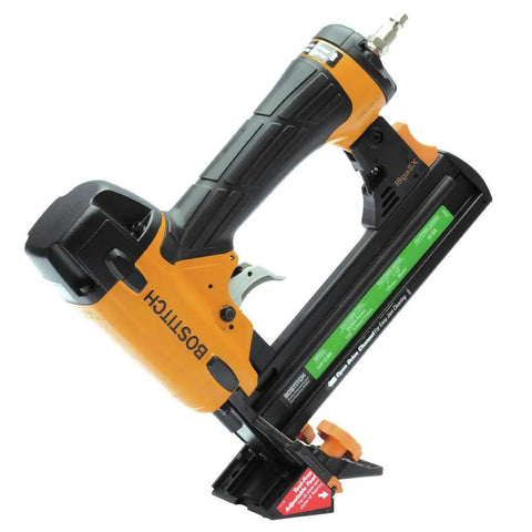 Pneumatic nailer with ergonomic grip and yellow-black finish, angled view, ideal for heavy-duty construction work