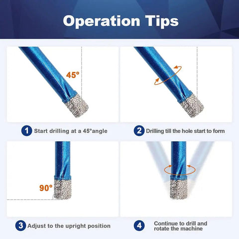 Operation tips for 16mm Diamond Hole Saw Drill Bit Set in a 2 pack with hex shank for dry drilling through porcelain ceramic stone.