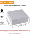 Heavy Duty 12 by 12 by 4 Inch PVC Junction Box With Pre Molded Three Quarter Inch and One Inch Knockouts Waterproof Outdoor Electrical Enclosure Project Conduit Box For Weatherproof Wiring showing dimensions and features like dustproof, UV resistance, and shock resistance.